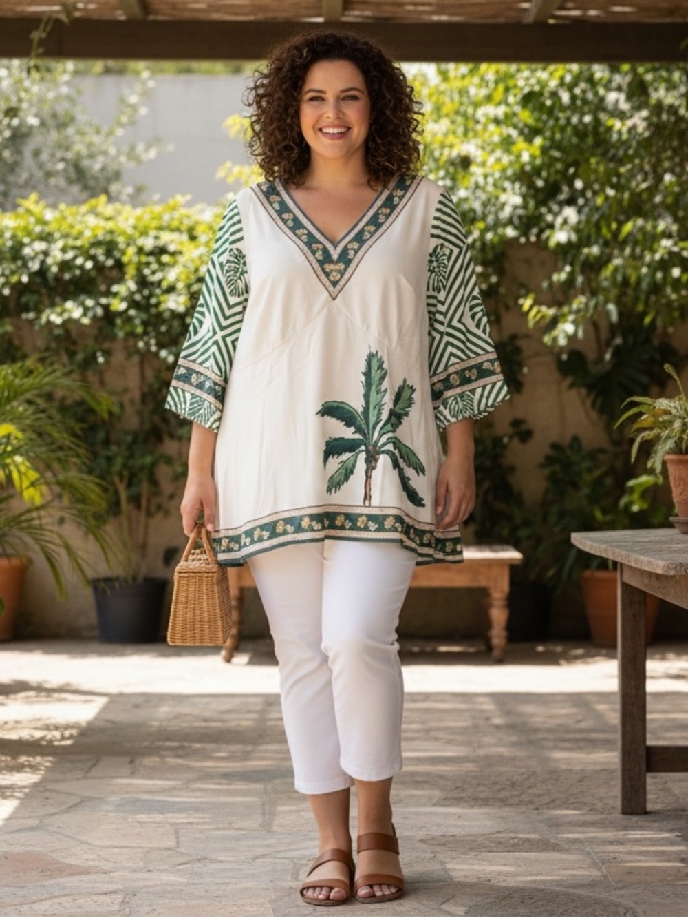 BloomChic Palm Tree Tunic Geometric Trim 3/4 Sleeve Resortwear Coastal